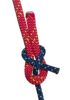 Sheet Bend Knot Made of a Thick Red and a Thin Blue Rope 