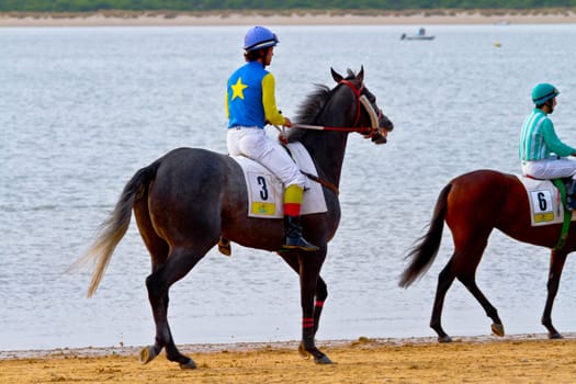 SANLUCAR DE BARRAMEDA, CADIZ, SPAIN - AUGUST 11: Unidentified riders at the start of race horses on Sanlucar de Barrameda beach on August 11, 2011 in Sanlucar de Barrameda, Cadiz, Spain.