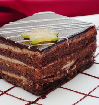 Tiramisu Cake from Close on white plate with chocolate and carambola as decoration