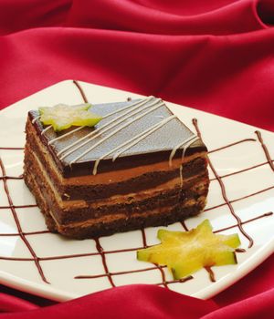 Tiramisu Cake on white plate with chocolate syrup and carambola as decoration on red fabric (Selective Focus)