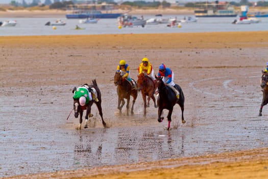 SANLUCAR DE BARRAMEDA, CADIZ, SPAIN - AUGUST 11: Unidentified riders of the accidented horses races of the beach of Sanlucar de Barrameda on August 11, 2011 in Sanlucar de Barrameda, Cadiz, Spain.