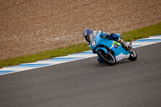 JEREZ DE LA FRONTERA, SPAIN - NOV 20: 125 motorcyclist Andre Pires takes a cuver in the CEV championship on Nov 20, 2010, in Jerez de la Frontera, Spain