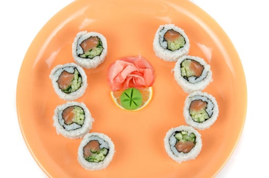 Closeup japanese sushi set at plate on a white