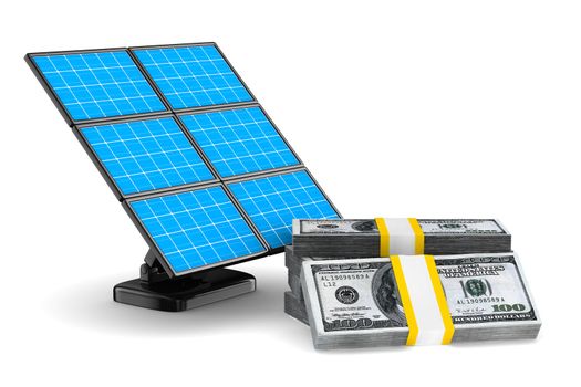 solar battery and cash on white background. Isolated 3d image