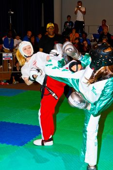 CHICLANA DE LA FRONTERA, SPAIN-NOV 05: Unidentified players compete in the 3rd World Karate and Kickboxing Council championship  on Nov 05, 2011, in Chiclana de la Frontera,  Spain