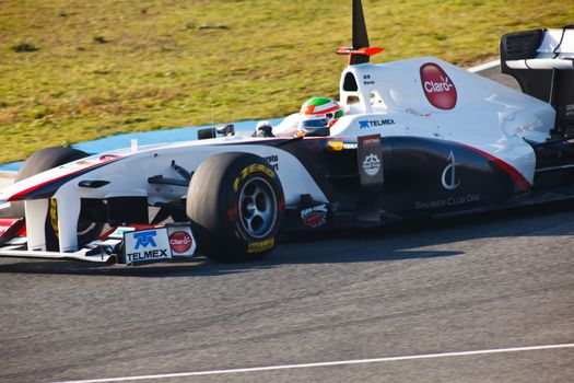 JEREZ DE LA FRONTERA, SPAIN - FEB 10: Sergio Perez of Sauber F1 races on training session on February 10 , 2011, in Jerez de la Frontera , Spain