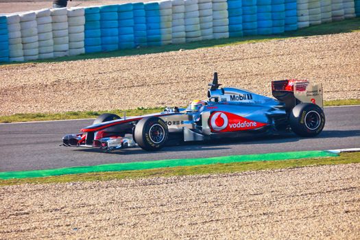 JEREZ DE LA FRONTERA, SPAIN - FEB 10: Lewis Hamilton of McLaren F1 races on training session on February 10 , 2011, in Jerez de la Frontera , Spain