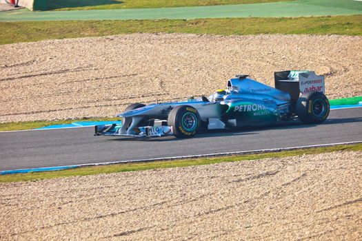 JEREZ DE LA FRONTERA, SPAIN - FEB 10: Nico Rosberg of Mercedes F1 races on training session on February 10 , 2011, in Jerez de la Frontera , Spain