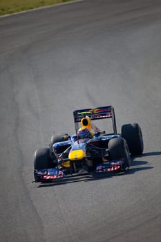 JEREZ DE LA FRONTERA, SPAIN - FEB 10: Mark Webber of Red
Bull Racing F1 races on training sesssion on  February 10 , 2011, in Jerez de la Frontera , Spain