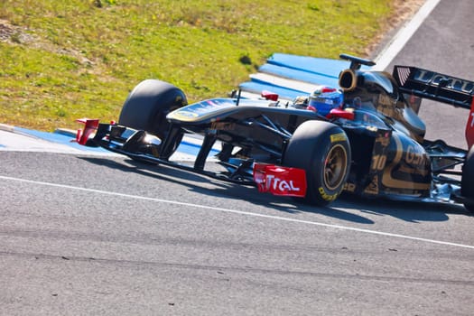 JEREZ DE LA FRONTERA, SPAIN - FEB 10: Vitaly Petrov of Lotus Renault F1 races on training session on February 10 , 2011, in Jerez de la Frontera , Spain