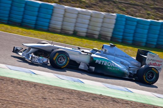 JEREZ DE LA FRONTERA, SPAIN - FEB 10: Nico Rosberg of Mercedes F1 races on training session on February 10 , 2011, in Jerez de la Frontera , Spain