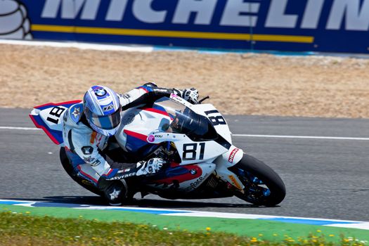 JEREZ DE LA FRONTERA, SPAIN - APR 17: Stock Extreme motorcyclist Eduardo Salvador takes a curve in the CEV Championship race on April 17, 2011 in Jerez de la Frontera, Spain