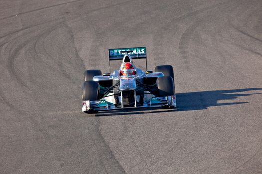 JEREZ DE LA FRONTERA, SPAIN - FEB 11: Michael Schumacher of Mercedes F1 races on training session on February 11 , 2011, in Jerez de la Frontera , Spain