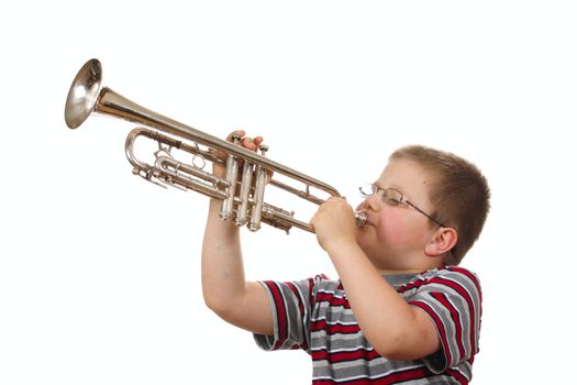 Boy Blowing Trumpet, photo on the white background