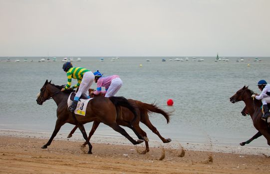 SANLUCAR DE BARRAMEDA, CADIZ, SPAIN - AUGUST 07: Unidentified riders race horses on Sanlucar de Barrameda beach on August 07, 2010 in Sanlucar de Barrameda, Cadiz, Spain.