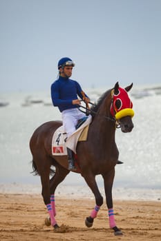 SANLUCAR DE BARRAMEDA, CADIZ, SPAIN - AUGUST 07: Unidentified rider at the start of race horses on Sanlucar de Barrameda beach on  August 07, 2010 in Sanlucar de Barrameda, Cadiz, Spain.