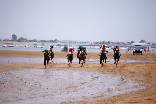 SANLUCAR DE BARRAMEDA, CADIZ, SPAIN - AUGUST 07: Unidentified riders race horses on Sanlucar de Barrameda beach on August 07, 2010 in Sanlucar de Barrameda, Cadiz, Spain.
