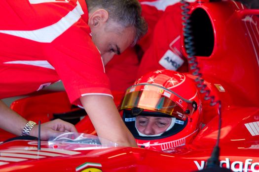 JEREZ DE LA FRONTERA, SPAIN - OCT 11: Michael Schumacher of Scuderia Ferrari F1 waiting on pits on training session on October 11, 2006 in Jerez de la Frontera , Spain