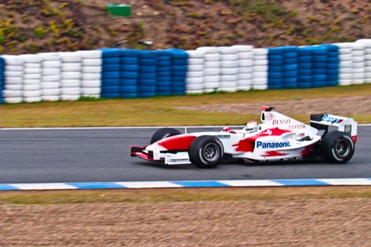 JEREZ DE LA FRONTERA, SPAIN - DEC 04: Jarno Trulli of Toyota F1 races during a training session on December 04, 2004, in Jerez de la Frontera, Spain