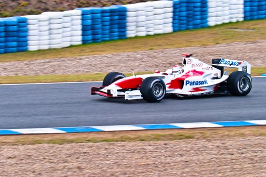 JEREZ DE LA FRONTERA, SPAIN - DEC 04: Jarno Trulli of Toyota F1 races during a training session on December 04, 2004, in Jerez de la Frontera, Spain