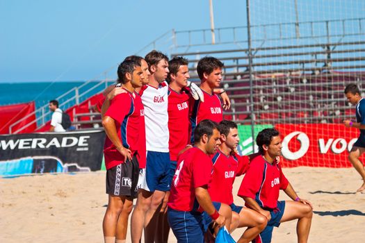 CADIZ, SPAIN -  JUL 30:  Unknown players of the team of Gijon playing the Spanish Championship of Beach Soccer on Jul 30, 2005 on the beach of La Victoria in Cadiz, Spain