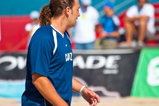 CADIZ, SPAIN -  JUL 30:  Unknown player of the team of Cadiz playing the Spanish Championship of Beach Soccer on Jul 30, 2005 on the beach of La Victoria in Cadiz, Spain