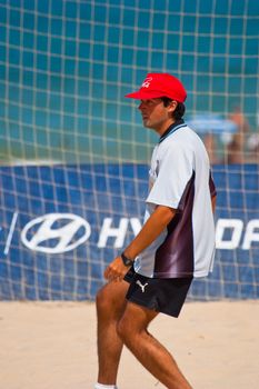 CADIZ, SPAIN -  JUL 22:  Unknow referee,  refereeing a match of the Spanish Championship of Beach Soccer on Jul 22, 2006 on the beach of La Victoria in Cadiz, Spain