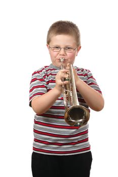 Boy Blowing Trumpet, photo on the white background