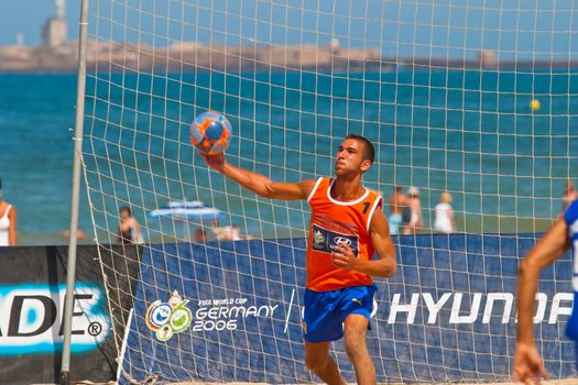 CADIZ, SPAIN -  JUL 22:  Unknown goalkeeper of unknown team playing the Spanish Championship of Beach Soccer on Jul 22, 2006 on the beach of La Victoria in Cadiz, Spain