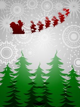 Santa Sleigh Reindeer Flying Over Trees on Silver Sun Star Background Illustration