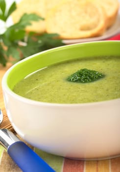 Cream of broccoli garnished with a broccoli floret on top with baguette slices and parsley leaves in the back (Selective Focus, Focus on the broccoli floret on the soup)
