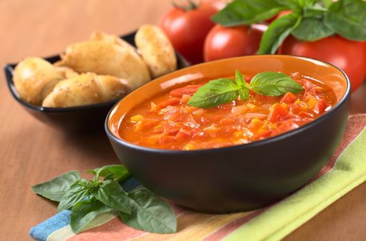 Chunky tomato soup made of tomatoes, carrots and onions and garnished with a basil leaf (Selective Focus, Focus on the basil leaf on the soup)