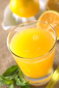 Freshly squeezed orange juice with mint leaves, drinking straws, squeezer and oranges in the back (Selective Focus, Focus on the front of the glass rim)