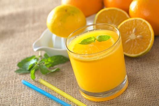 Freshly squeezed orange juice with orange slice and mint leaf on top of the juice (Selective Focus, Focus on the mint leaf on top of the juice)