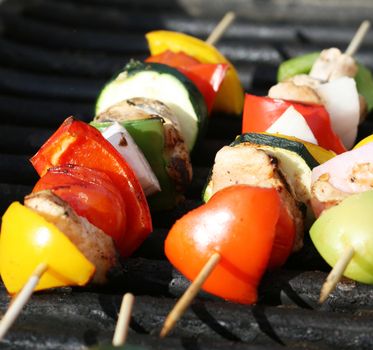 Grilling shishkabobs during a summer picnic at the park