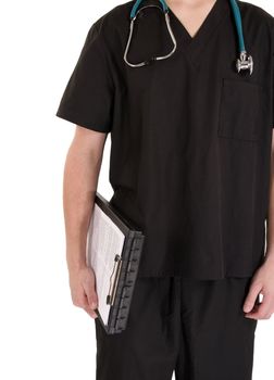 Doctor holding clipboard wearing scrubs and a stethoscope