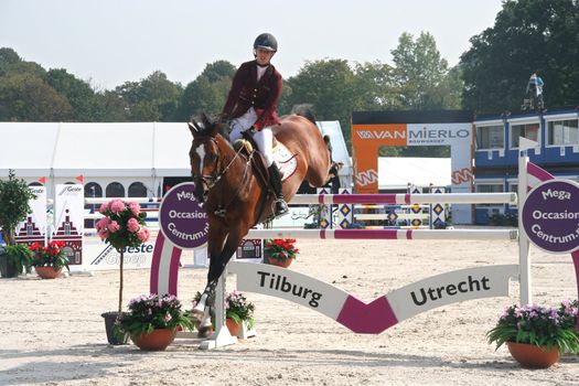 THE HAGUE, HOLLAND - AUGUST 31, 2008: Concours Hippique. Horse clearing a hurdle at the annual horse jumping competition at Westbroek Park.