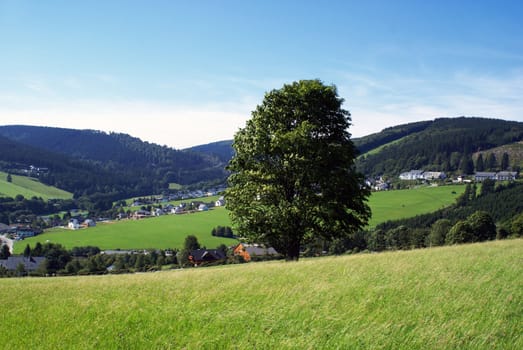 Looking over a part of a german village, seen from a mountain.                 