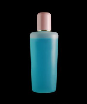 vial with lotion. The isolated bottle with a blue liquid
