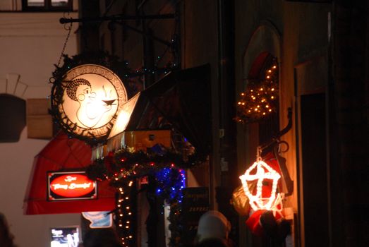 lights and christmas decorations on warsaw old townrestaurants
