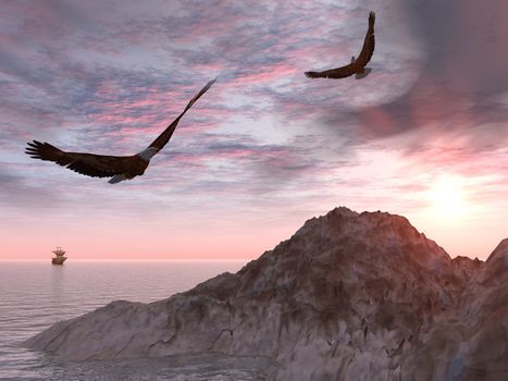 Two eagles on a background of rocks and the seas and a sailing vessel in a distance (very dramatic sky)