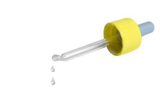 Pipette with the yellow handle and falling drops(it is isolated on a white background)