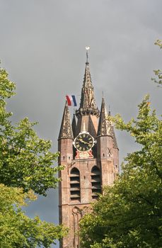 Tower of the Old Church of Delft, flying Dutch flag