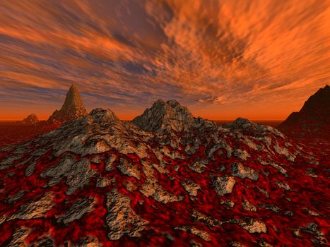 Rough surface with streams of a lava (a hell, a surface of Mars) on a background very red - a drama decline