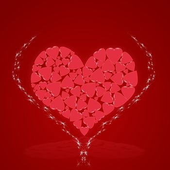 Abstract heart consisting of hearts. On a red background.