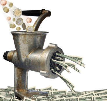 Euro and dollars. Transformation of euro into dollars on an old meat grinder
