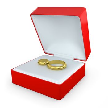 Pair of wedding rings in a rectangular shaped box isolated on white background