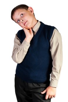 Schoolboy. Isolated over white background. The boy is dressed in a vest.