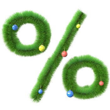 Percent symbol made of christmas tree branches isolated on white background