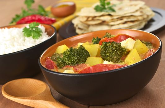 Delicious vegetarian Indian curry with rice and chapati flatbread in the back (Selective Focus, Focus on the broccoli in the bowl)